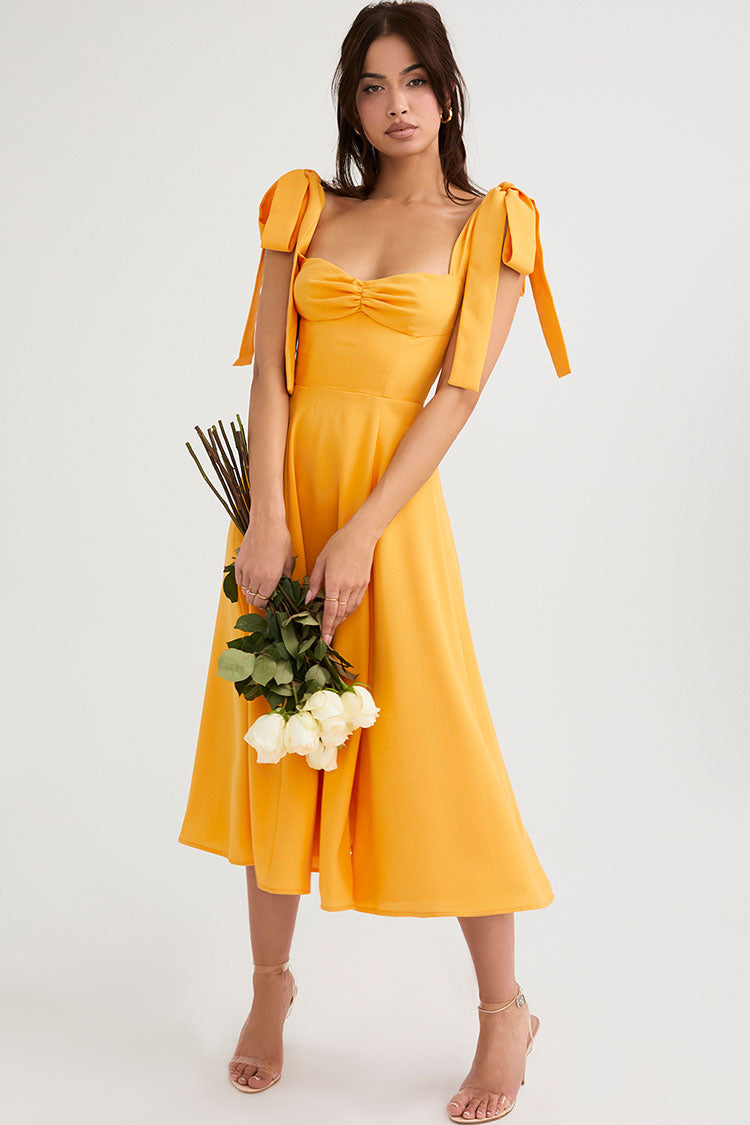 Yellow Sweetheart Tie Strap Ruched Bust High Slit Fit Flare Midi Dress