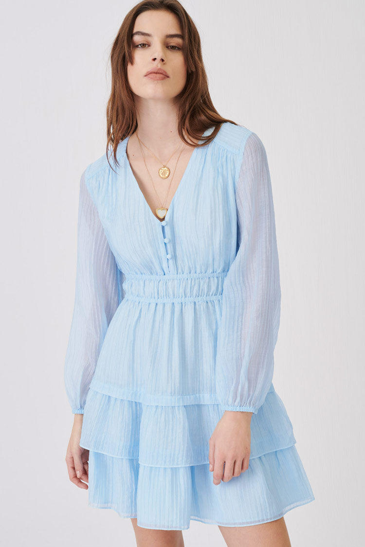 Light Blue V-Neck Long Sleeve Smocked Waist Tiered Ruffle Mini Dress