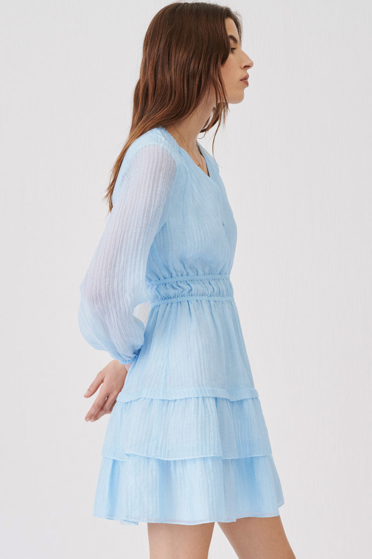 Light Blue V-Neck Long Sleeve Smocked Waist Tiered Ruffle Mini Dress