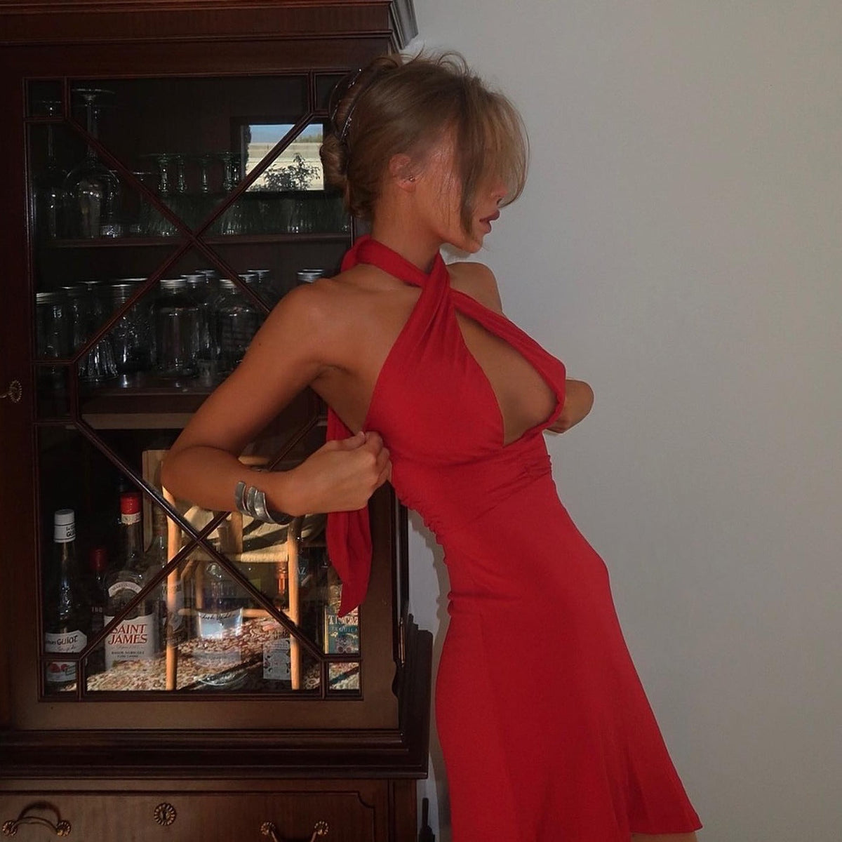 Red Halter Plunge Neck Scarf Tie Ruched Bodycon Mini Dress