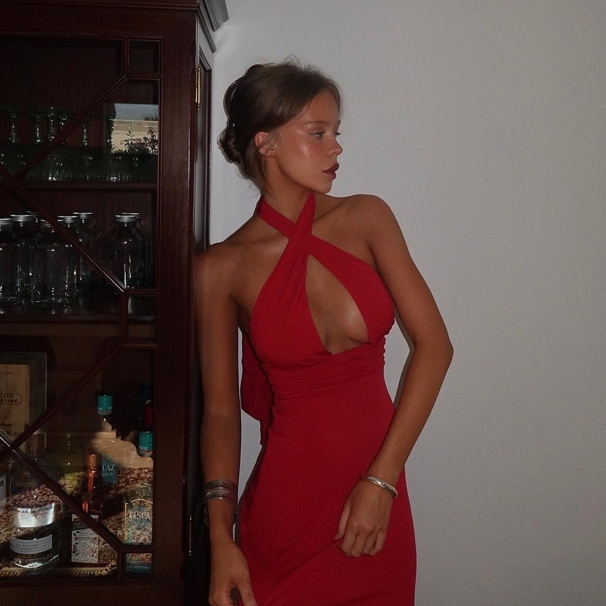 Red Halter Plunge Neck Scarf Tie Ruched Bodycon Mini Dress