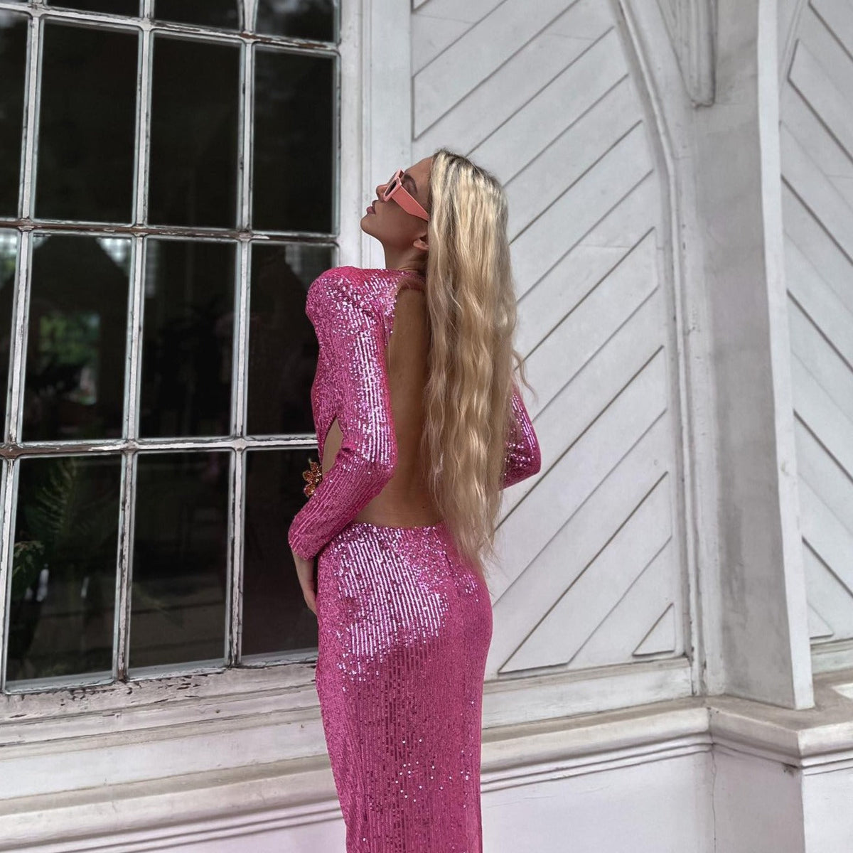 Round Neck Long Sleeve Sequin Cutout Rose Applique Maxi Dress