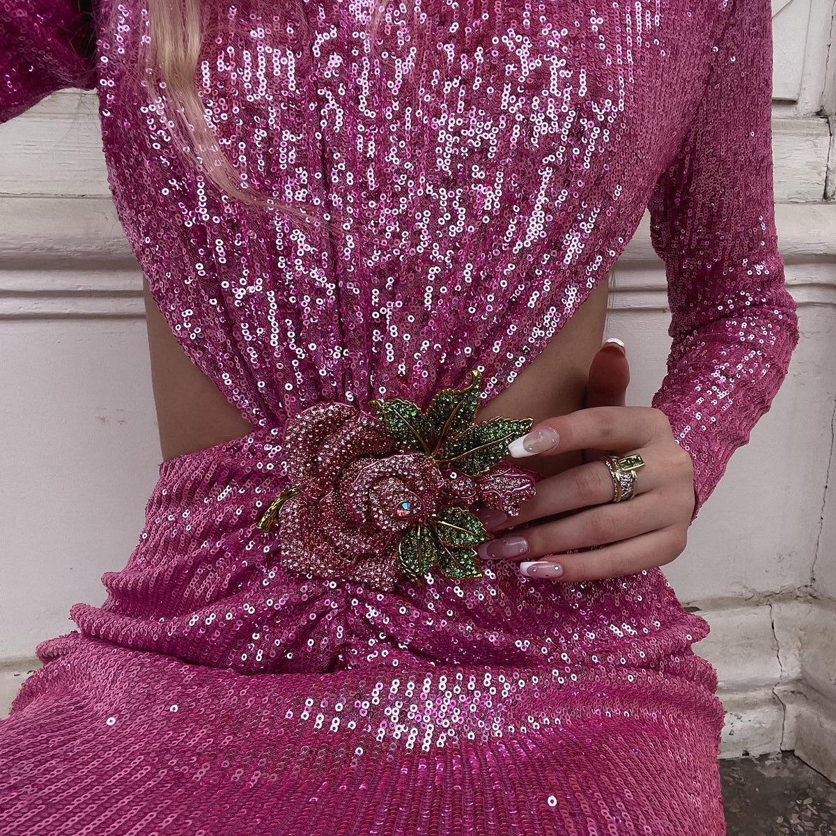 Round Neck Long Sleeve Sequin Cutout Rose Applique Maxi Dress