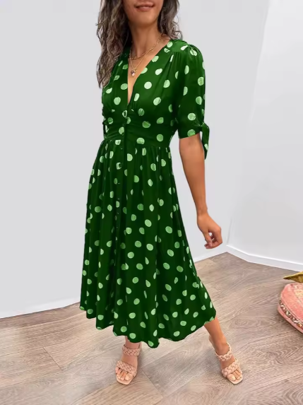 V-Neck Button Front Tie Sleeve Polka Dot A-Line Midi Dress 3