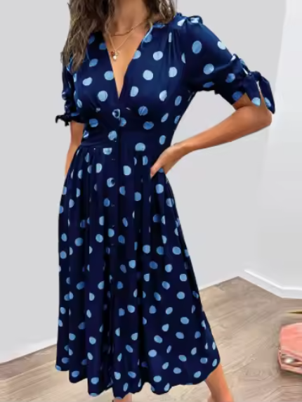 V-Neck Button Front Tie Sleeve Polka Dot A-Line Midi Dress 2