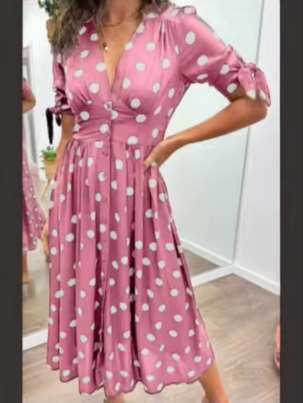 V-Neck Button Front Tie Sleeve Polka Dot A-Line Midi Dress 4