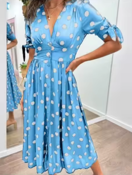 V-Neck Button Front Tie Sleeve Polka Dot A-Line Midi Dress 5