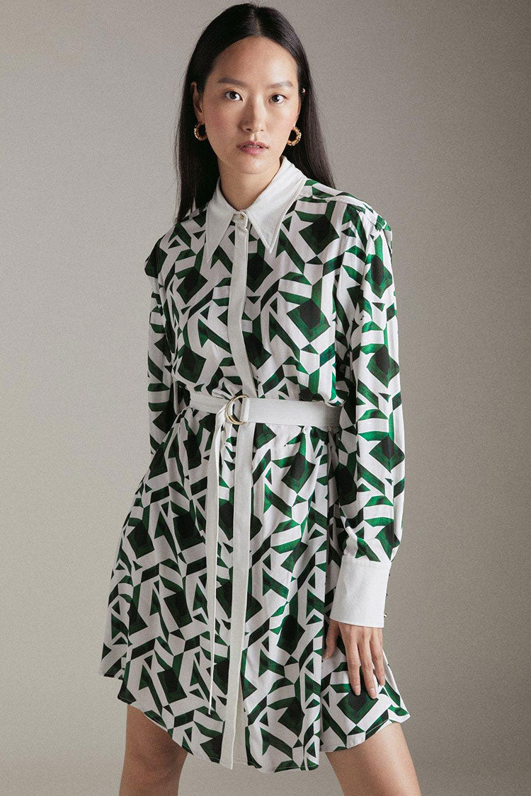 Green Collared Geometric Print Long Sleeve Belted Shirt Mini Dress