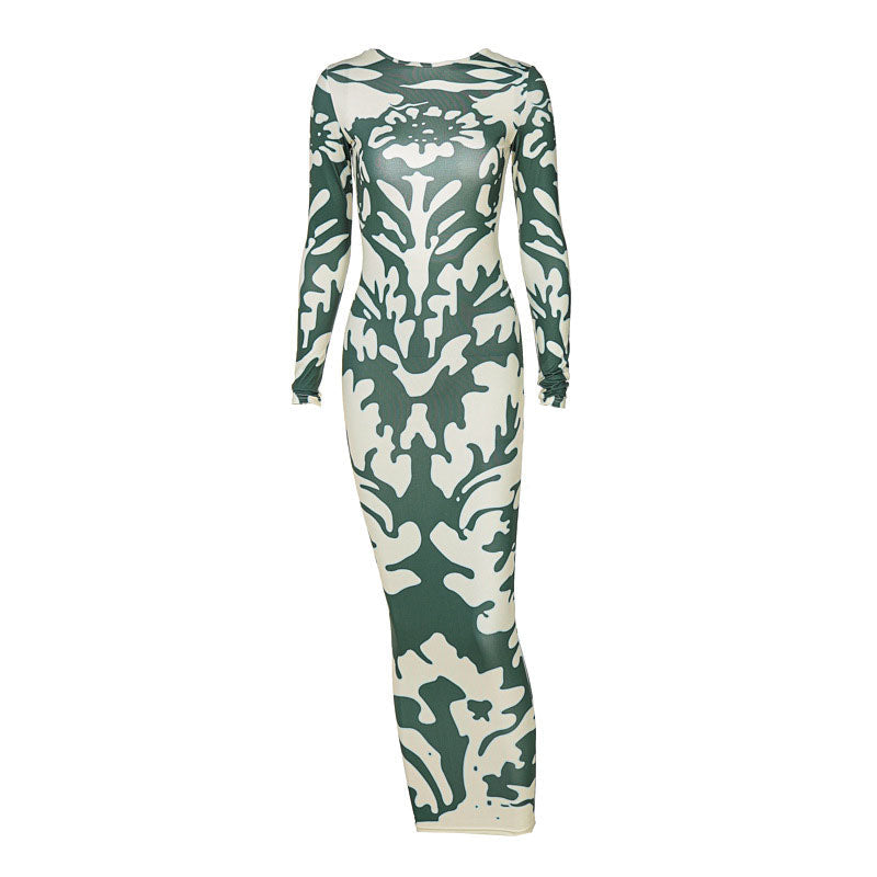 Green Long Sleeve Camo Print Backless Bodycon Midi Dress