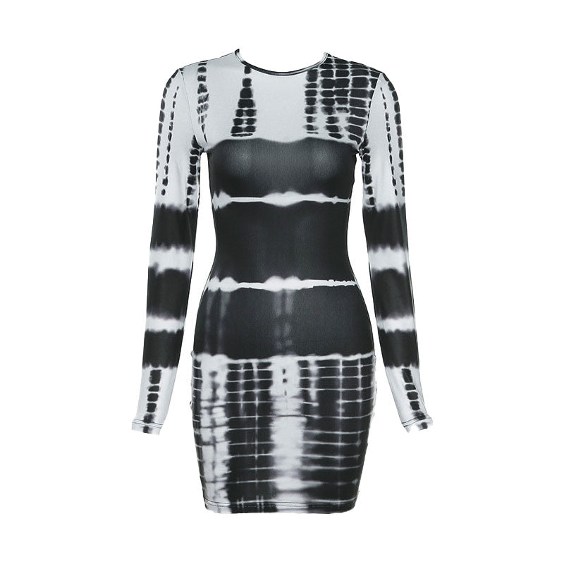 Black Crew Neck Tie Dye Print Long Sleeve Bodycon Mini Dress