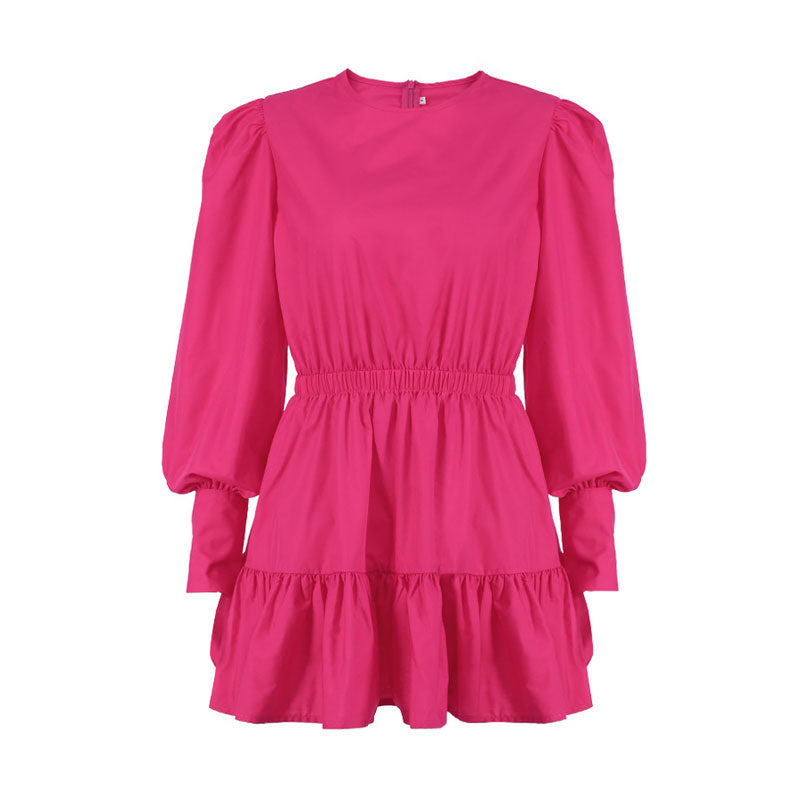 Hot Pink Round Neck Puff Sleeve Gathered Waist Ruffle Hem Mini Dress