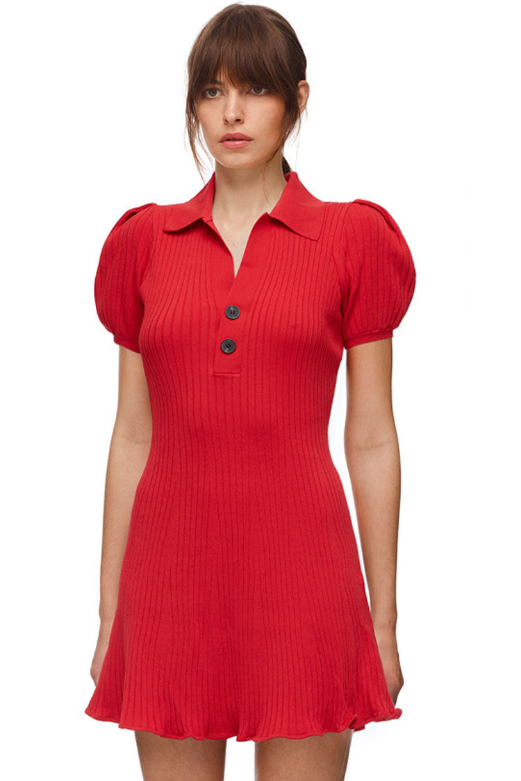 Red Collared Puff Sleeve Ribbed Knit Fit And Flare Mini Dress
