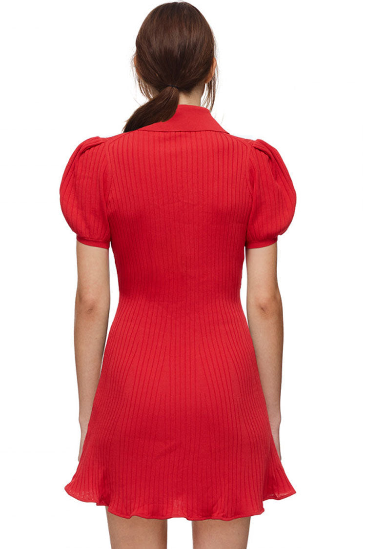 Red Collared Puff Sleeve Ribbed Knit Fit And Flare Mini Dress