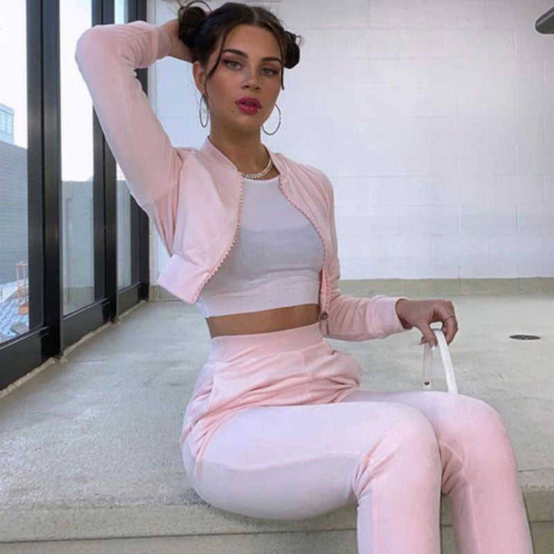 Pink Rhinestone Trim Velvet Zip Front Crop Jacket Pants Set