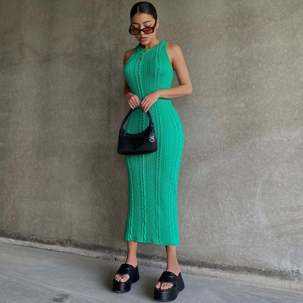 Green Round Neck Sleeveless Cable Knit Bodycon Midi Dress