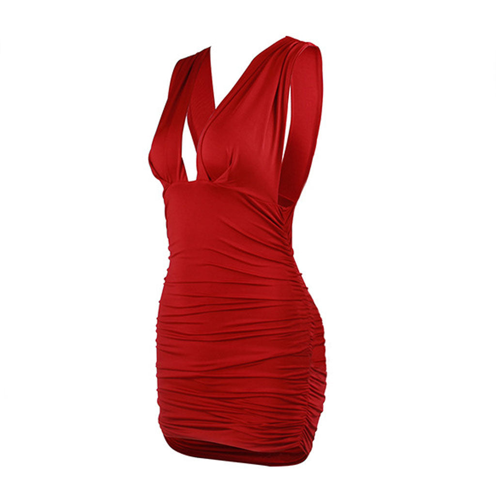 Burgundy Deep V-Neck Ruched Sleeveless Bodycon Mini Dress