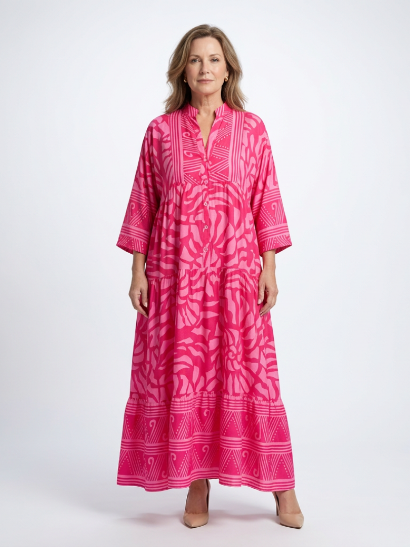 Band Collar Abstract Print Button Front Tiered A-Line Maxi Dress