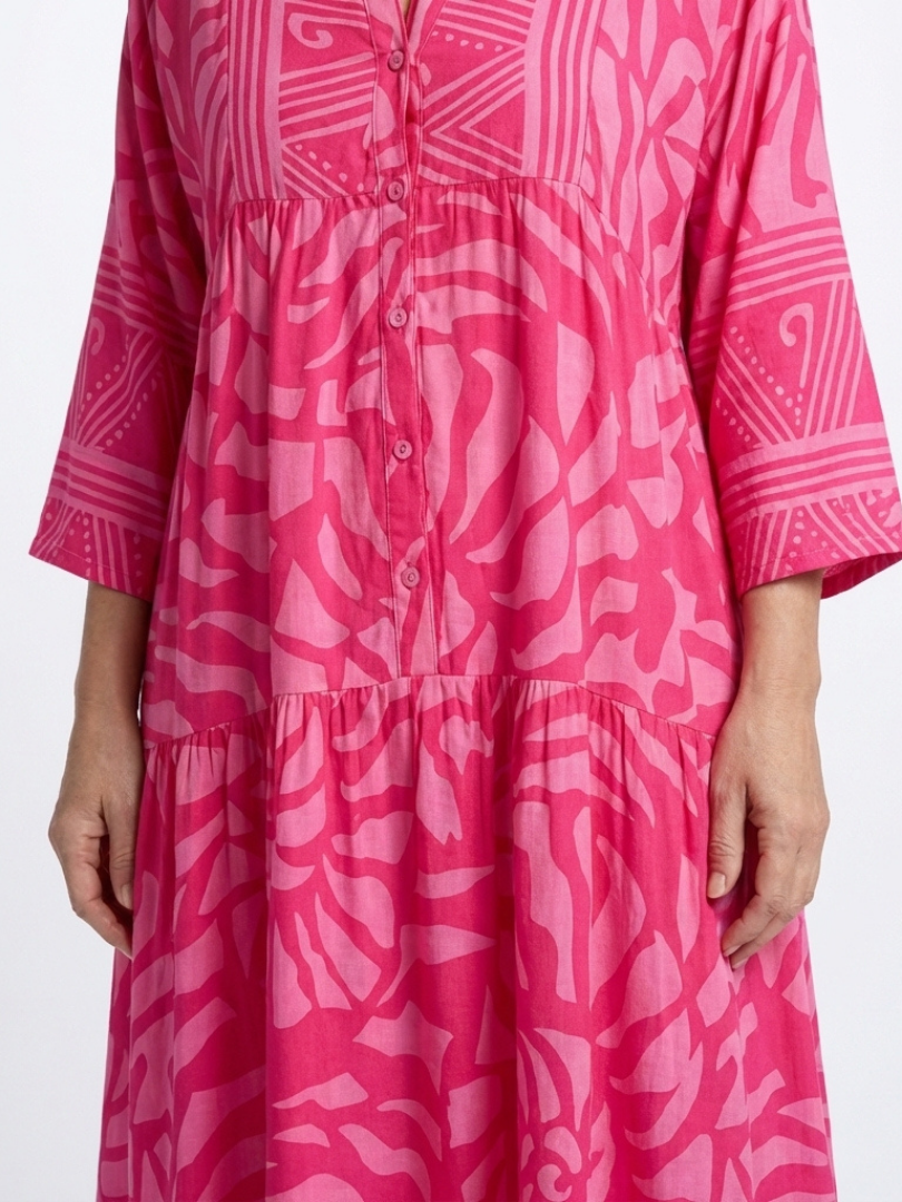 Band Collar Button Front Abstract Print Tiered Flowy Maxi Dress 3