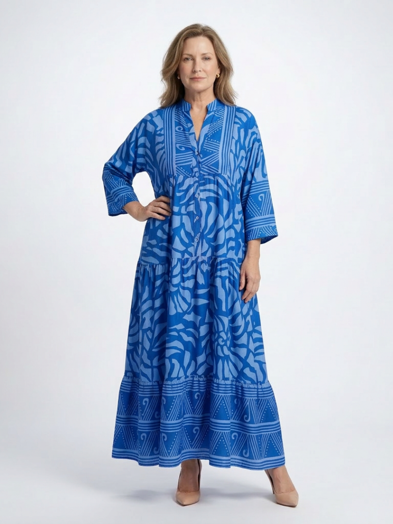 Band Collar Button Front Abstract Print Tiered Flowy Maxi Dress 4
