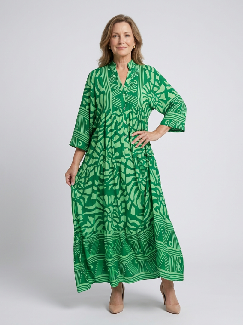 Band Collar Abstract Print Button Front Tiered A-Line Maxi Dress