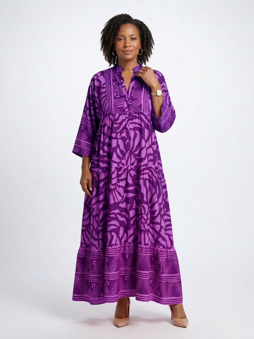Band Collar Abstract Print Button Front Tiered A-Line Maxi Dress