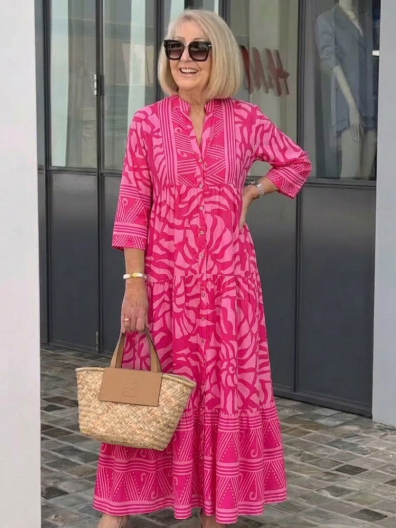 Band Collar Button Front Abstract Print Tiered Flowy Maxi Dress 8