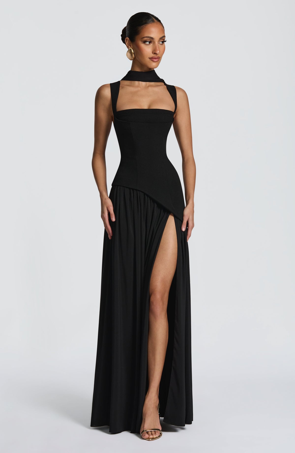 Square Neck Corset Bodice Asymmetric High Slit Maxi Gown