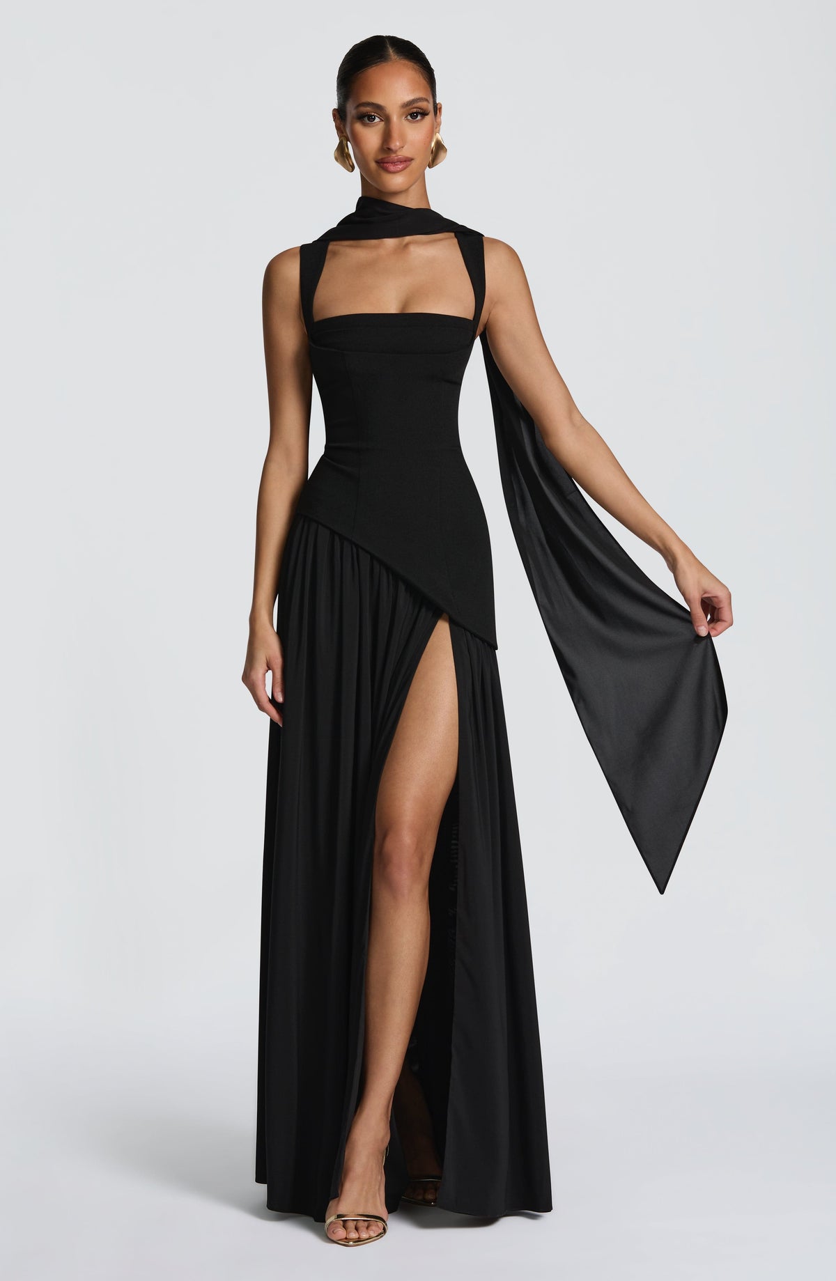 Square Neck Corset Bodice Asymmetric High Slit Maxi Gown