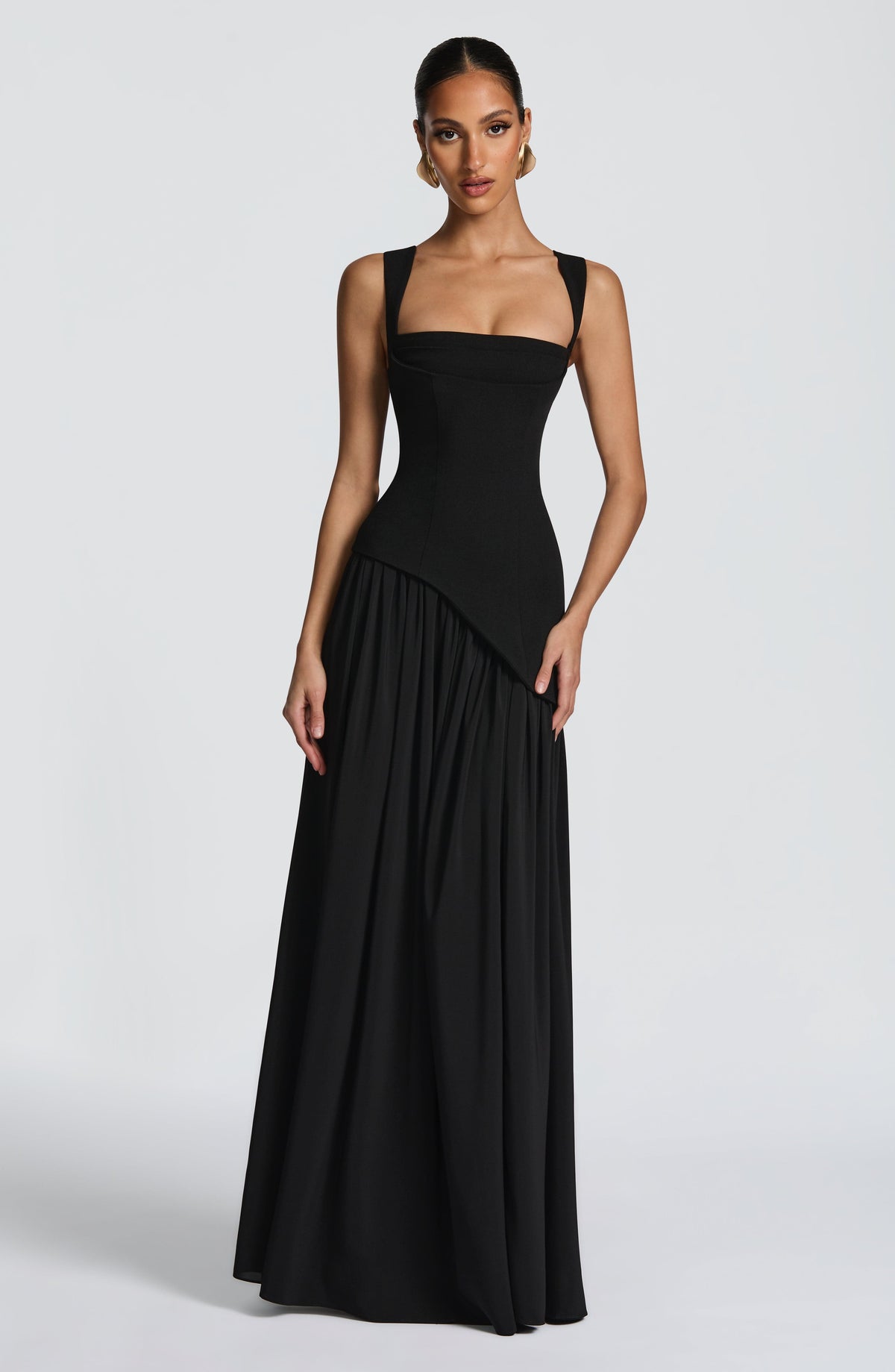 Square Neck Corset Bodice Asymmetric High Slit Maxi Gown