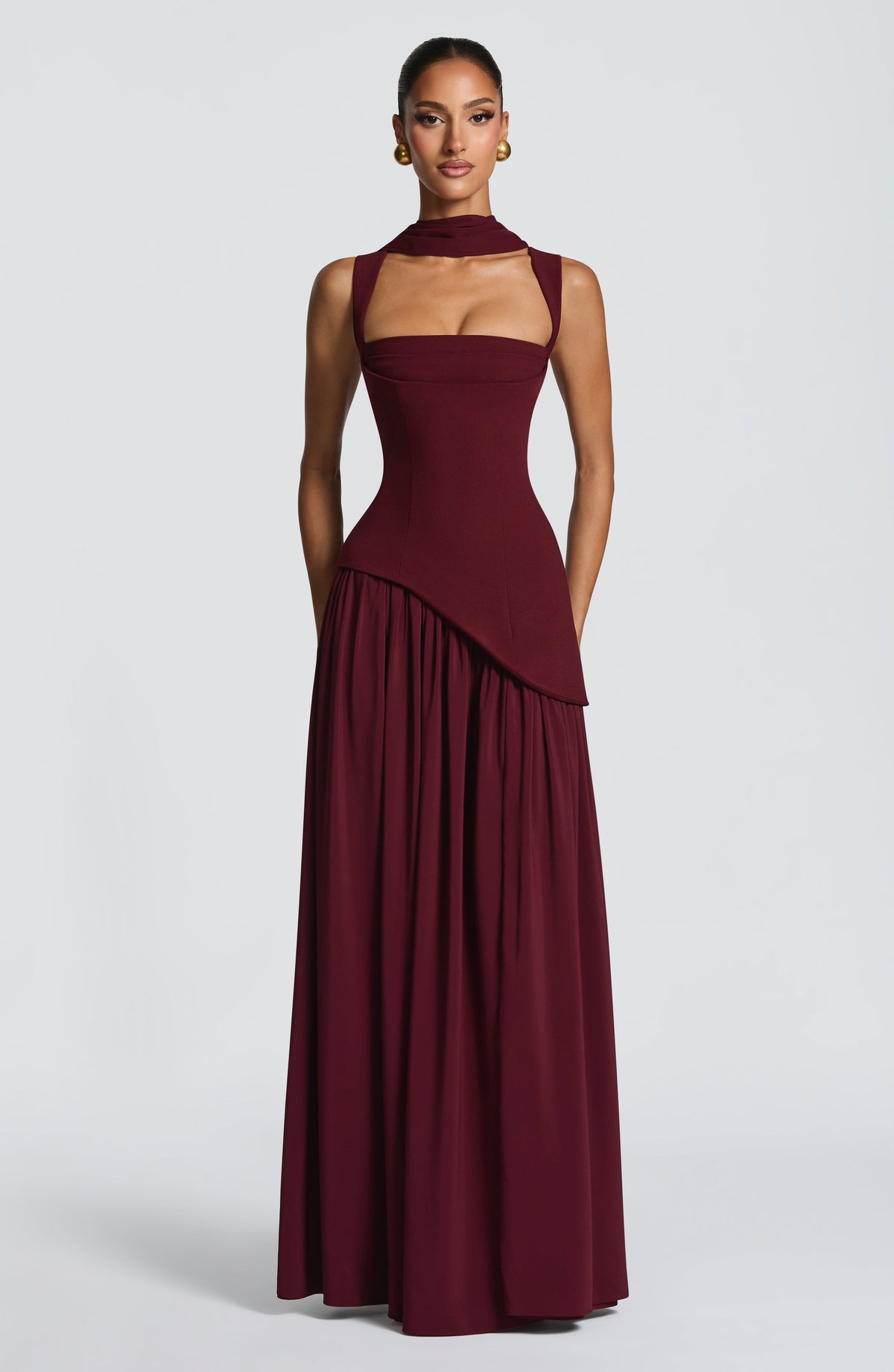 Square Neck Corset Bodice Asymmetric High Slit Maxi Gown