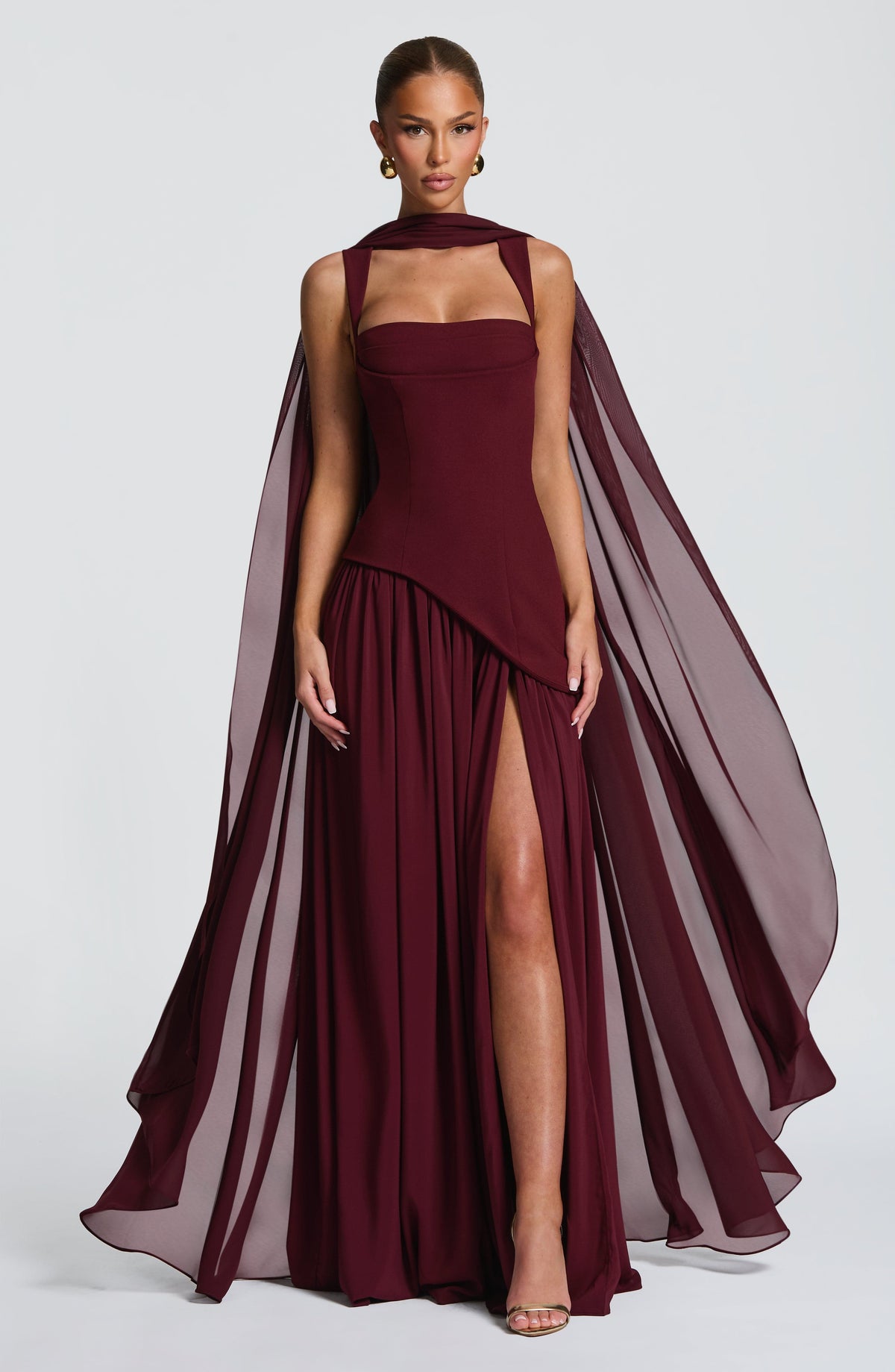 Square Neck Corset Bodice Asymmetric High Slit Maxi Gown