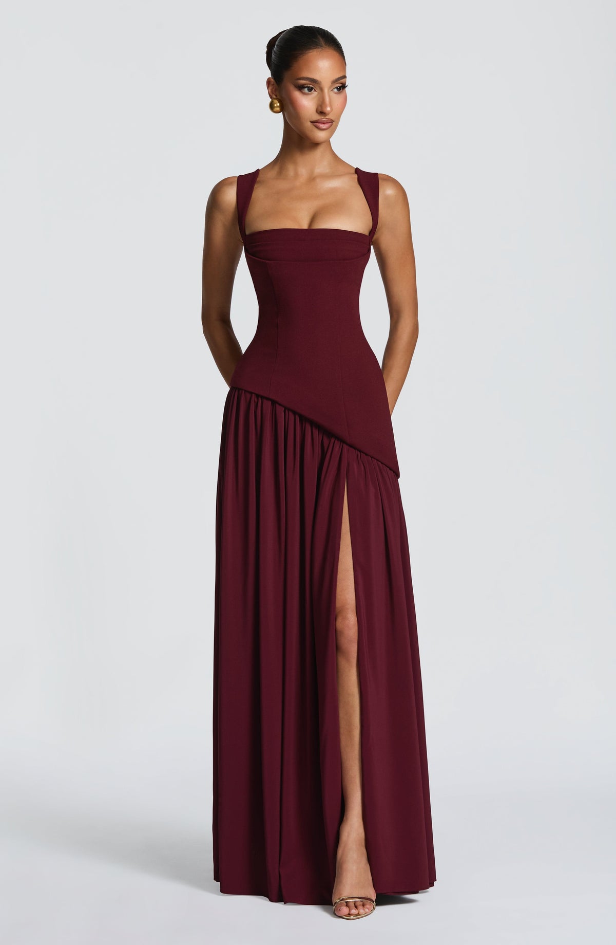 Square Neck Corset Bodice Asymmetric High Slit Maxi Gown
