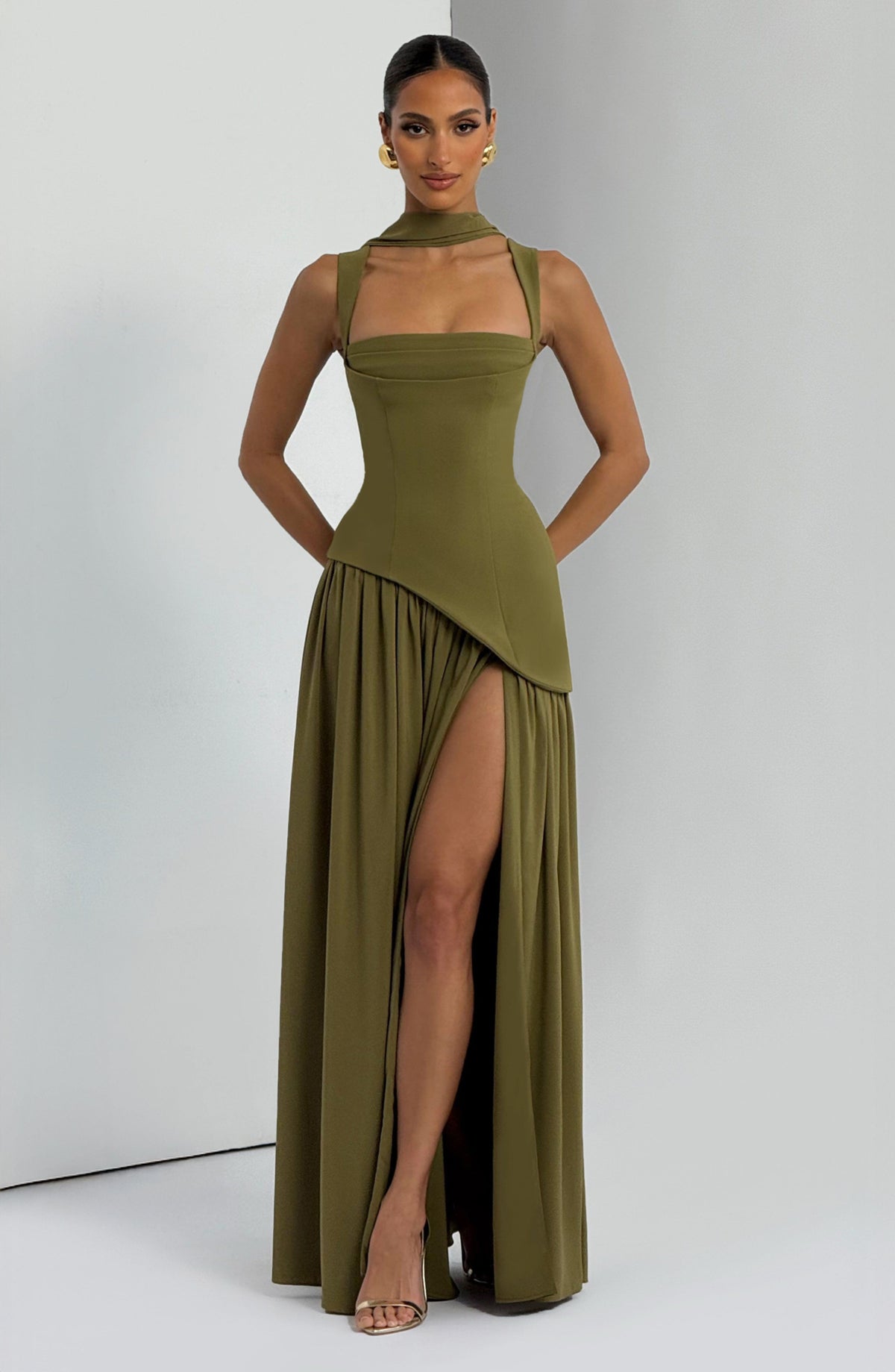 Square Neck Corset Bodice Asymmetric High Slit Maxi Gown