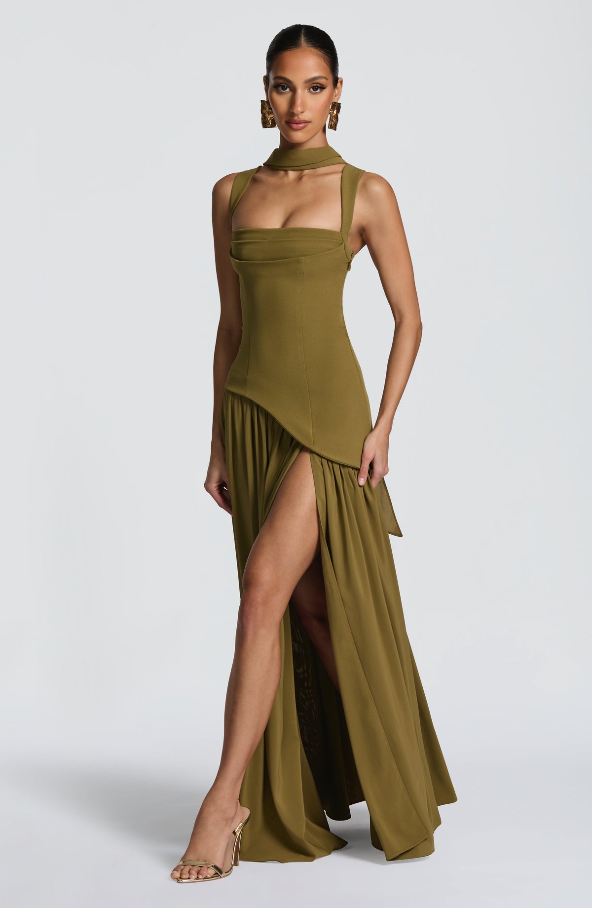 Square Neck Corset Bodice Asymmetric High Slit Maxi Gown