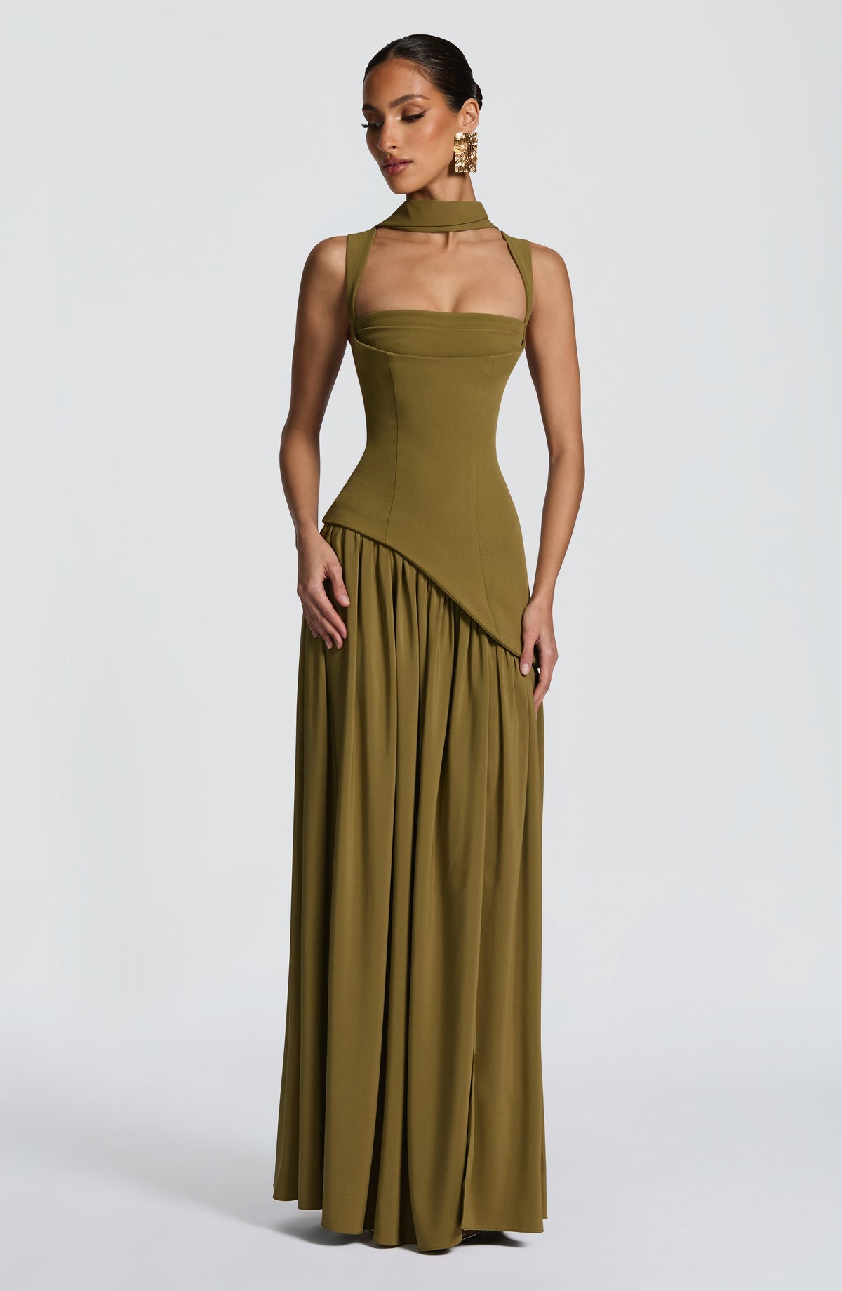 Square Neck Corset Bodice Asymmetric High Slit Maxi Gown