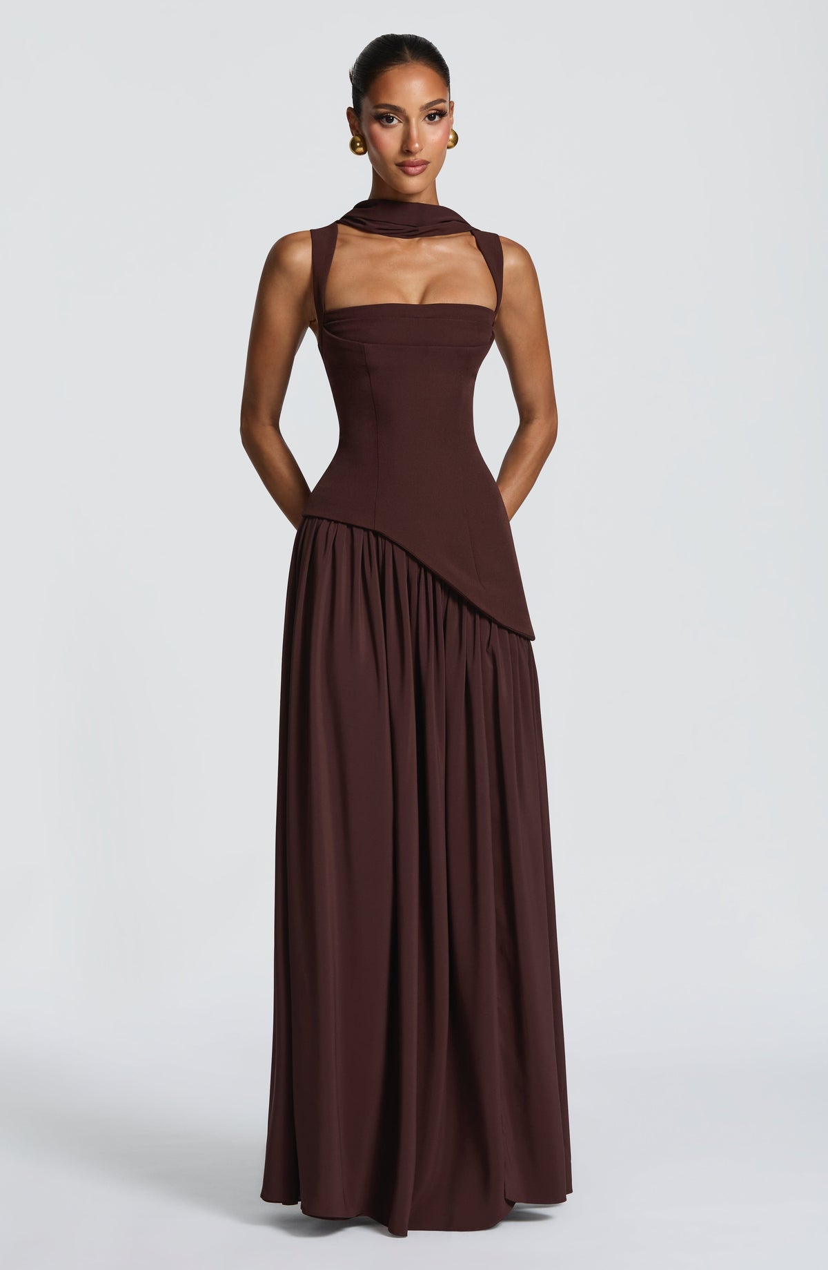 Square Neck Corset Bodice Asymmetric High Slit Maxi Gown