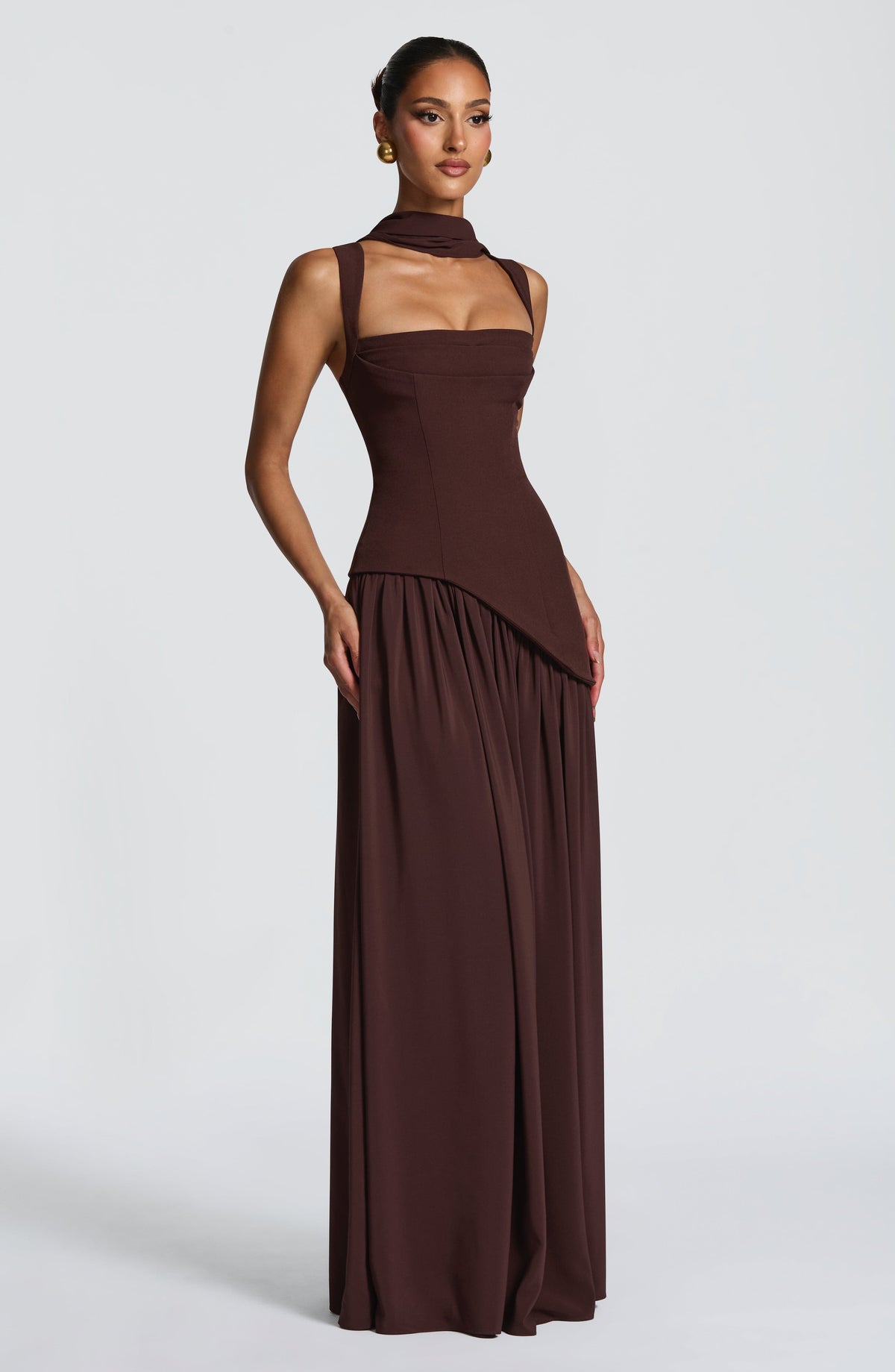 Square Neck Corset Bodice Asymmetric High Slit Maxi Gown