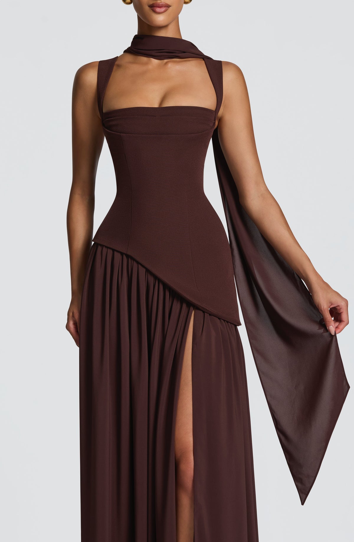 Square Neck Corset Bodice Asymmetric High Slit Maxi Gown