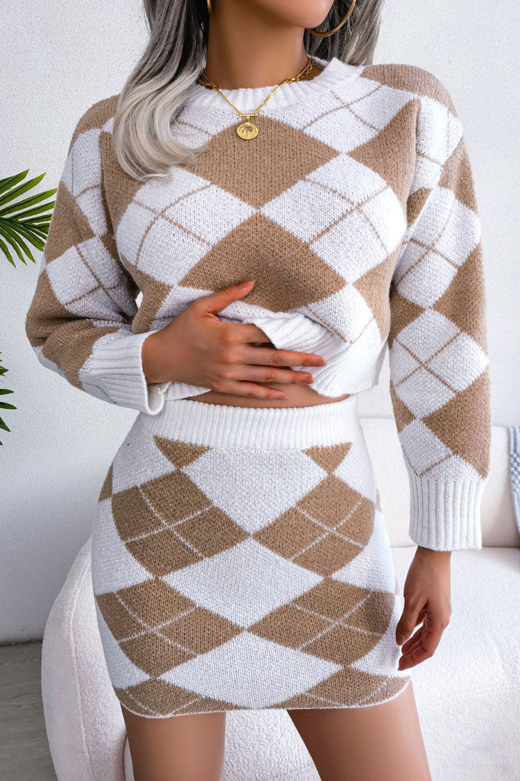 Khaki Crew Neck Argyle Knit Cropped Sweater Mini Skirt Set