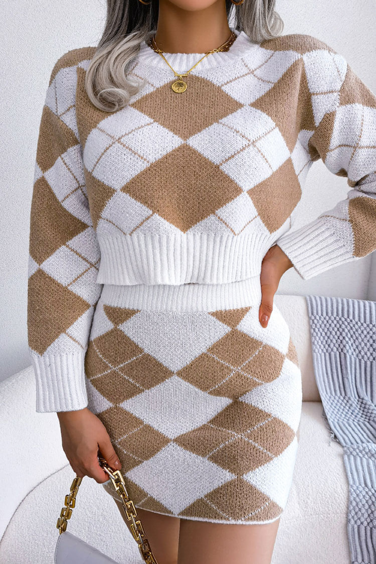 Khaki Crew Neck Argyle Knit Cropped Sweater Mini Skirt Set