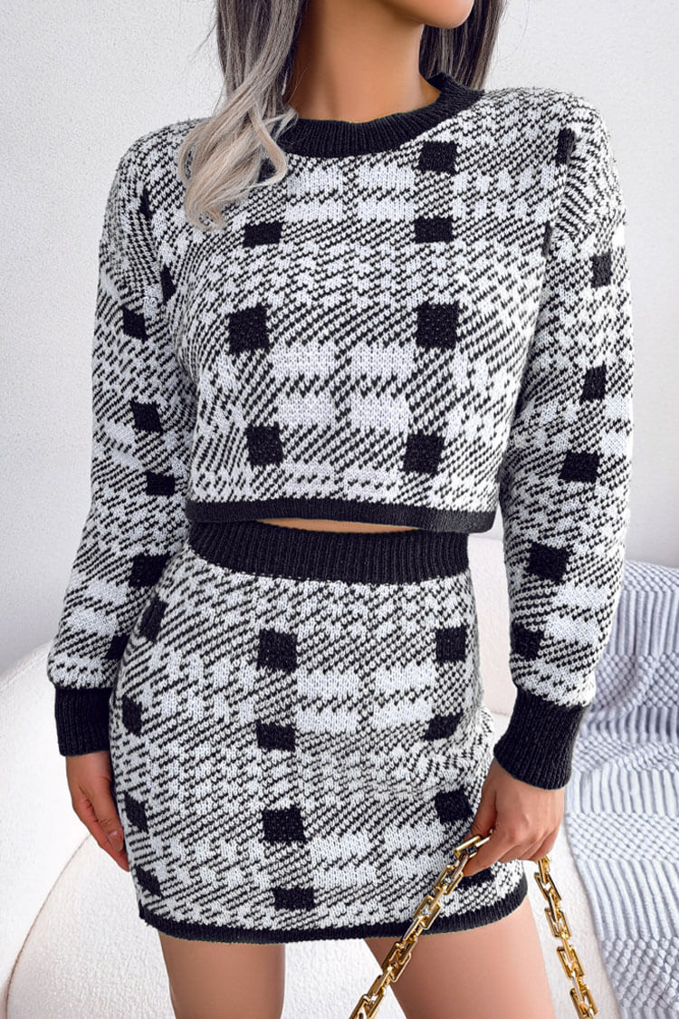 Black Plaid Knit Long Sleeve Cropped Sweater Mini Skirt Two Piece Set