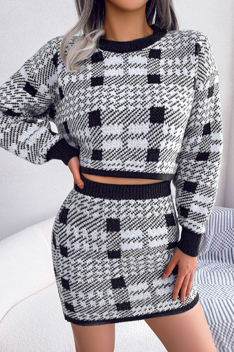 Black Plaid Knit Long Sleeve Cropped Sweater Mini Skirt Two Piece Set