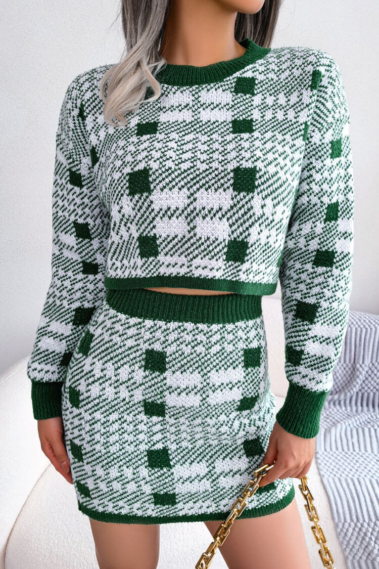 Green Plaid Knit Long Sleeve Cropped Sweater Mini Skirt Two Piece Set