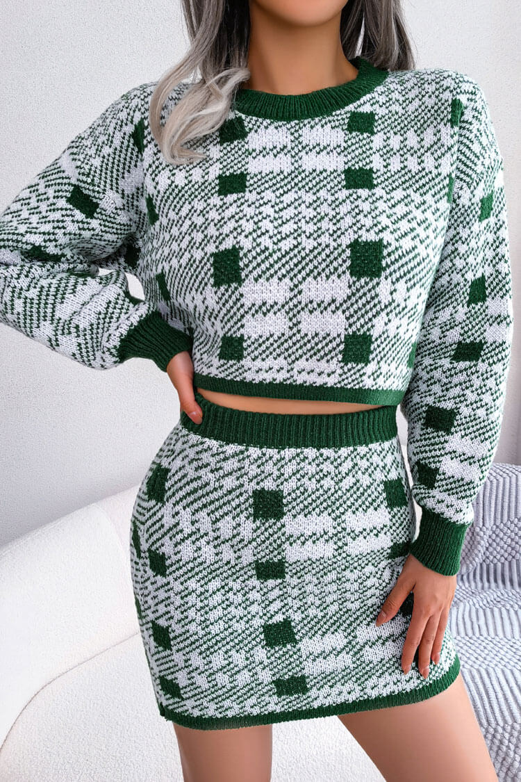 Green Plaid Knit Long Sleeve Cropped Sweater Mini Skirt Two Piece Set