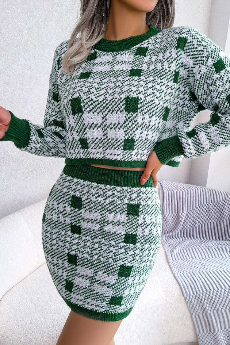 Green Plaid Knit Long Sleeve Cropped Sweater Mini Skirt Two Piece Set