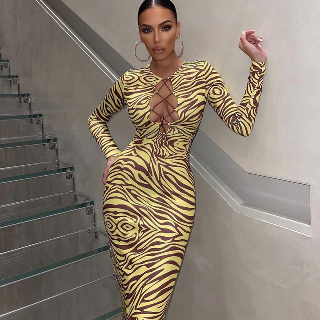 Yellow Zebra Print Lace Up Cut Out Long Sleeve Bodycon Maxi Dress