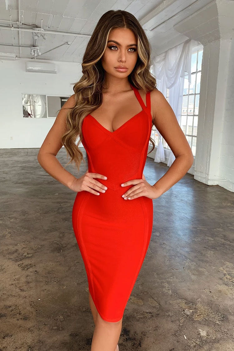 Red V-Neck Double Strap Bandage Bodycon Midi Dress