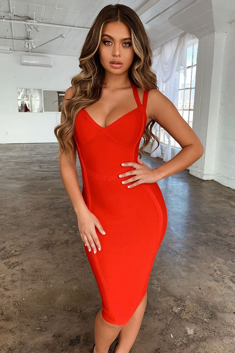 Red V-Neck Double Strap Bandage Bodycon Midi Dress