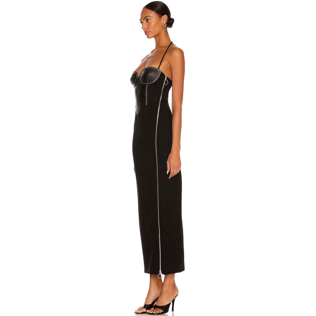 Black Halter Neck Leather Bustier Zip High Slit Bodycon Midi Dress