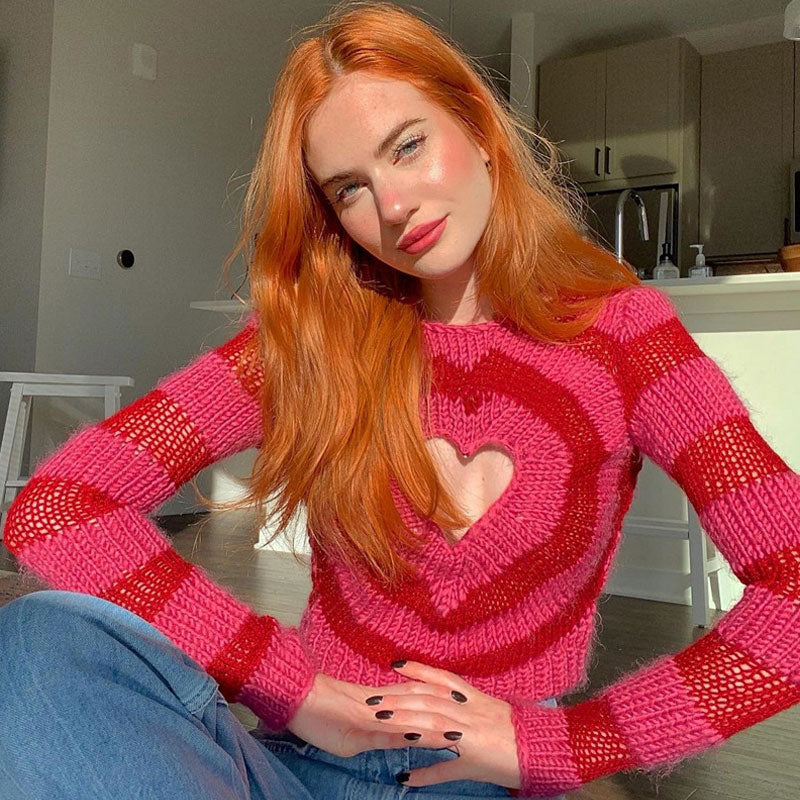 Red Crew Neck Heart Cutout Striped Knit Cropped Sweater